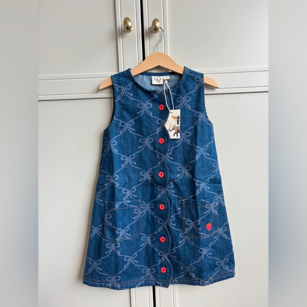 Blue Denim Kids Dress with Red Accents